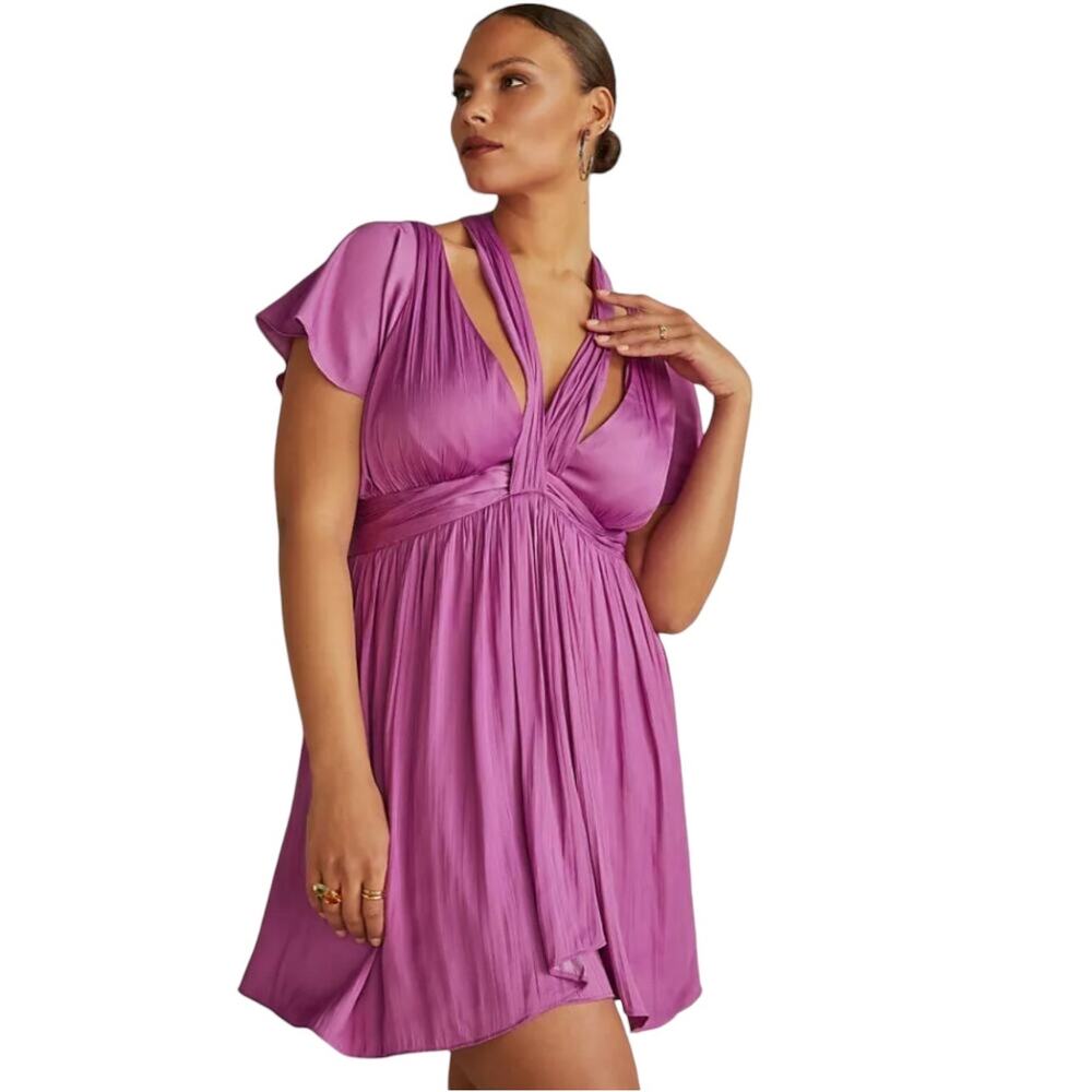 NWT Anthropologie Vibrant Purple Mini Dress Deep V  Babydoll Size 0